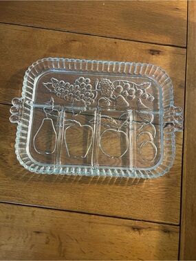 Clear Glass Divided Fruit Serving Tray - Elegant Fruit Motif Indiana Glass Co